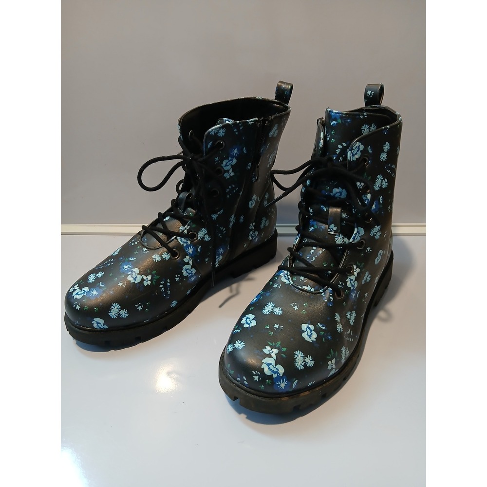 L & D Womens Black Floral Combat Boots Lace Up‎ Side Zip Chunky Sole Size 6